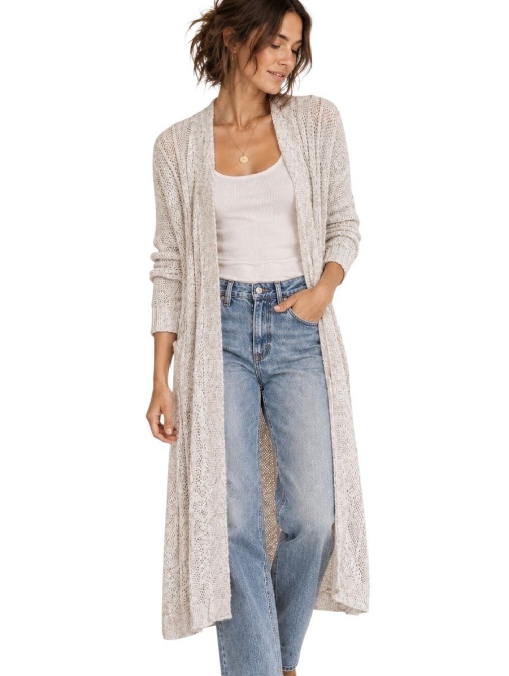 Free People Open Long Cotton Linen Blend Cardigan Cream Textured Knit Boho S